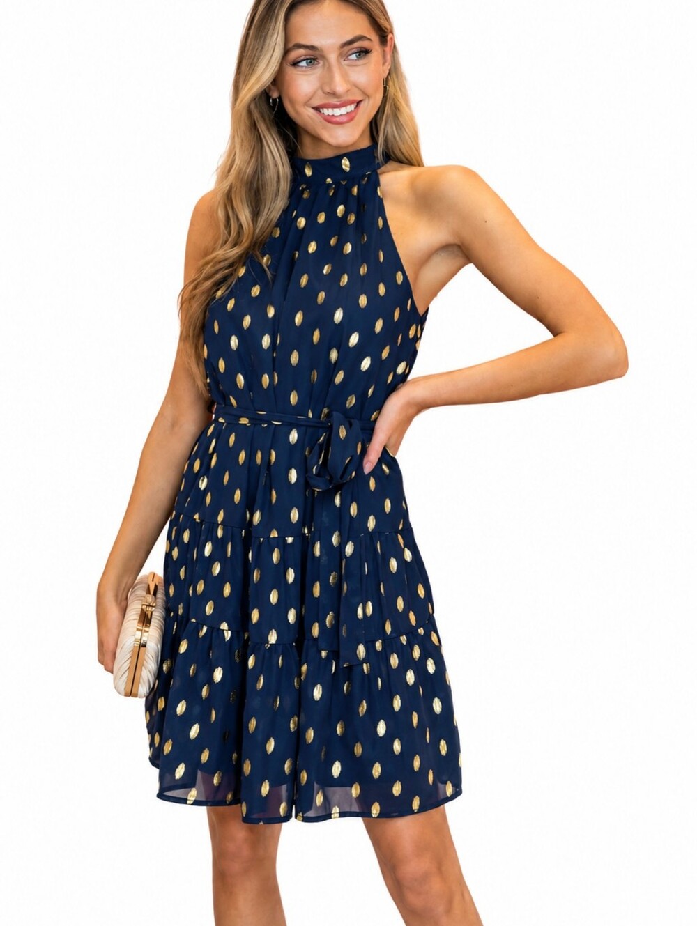 CUPSHE Navy Blue & Gold Metallic Polka Dot Linen Blend Halter Dress NWT | Size M